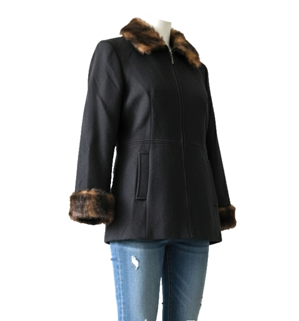 Mario de Pinto Coat Vintage Black Wool Blend Brown Faux Fur Animal Print Sz M